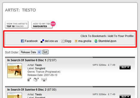 location of social bookmarking icons on an artist page